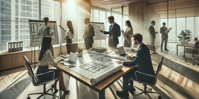 DALL·E 2025-01-03 17.31.26 - A realistic wide image showing a team of professionals brainstorming during the planning phase of opening a clinic. The scene is set in a modern offic
