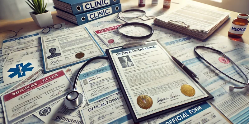 DALL·E 2025-01-03 17.44.28 - A realistic wide image showing a desk filled with various documents and certificates required for opening a medical clinic. The documents include lice