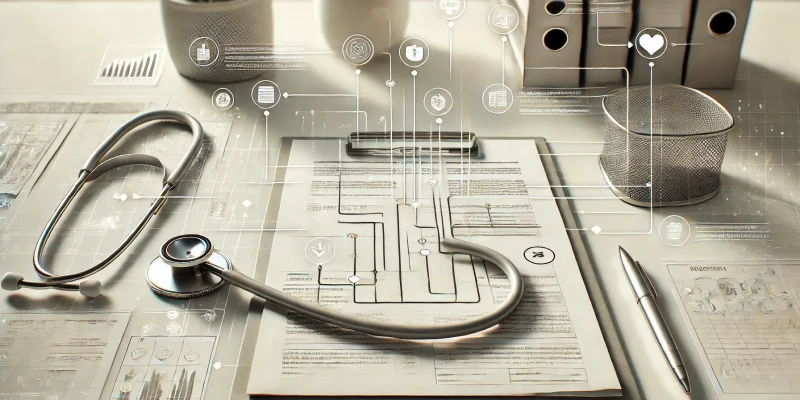 DALL·E 2025-01-03 18.08.39 - A simple wide image showing a desk with neatly organized documents, a stethoscope, and a clipboard, symbolizing the preparation for opening a medical